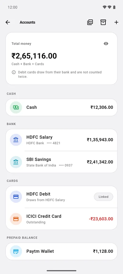 XPENC accounts grouped into Cash, Bank, Cards and Prepaid balance, with a linked debit card and a credit card's outstanding amount.