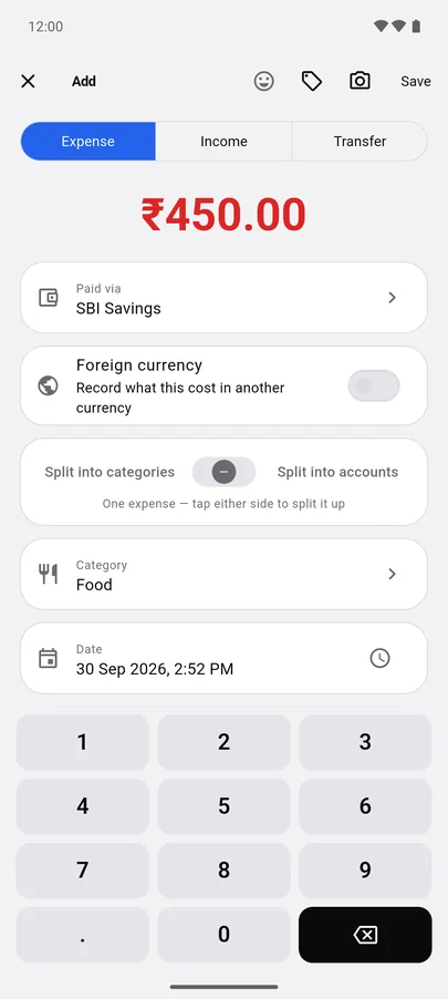 XPENC add-expense screen with ₹450 entered, Food as the category, and a large numpad.