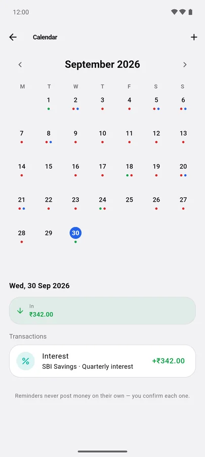 XPENC calendar for September 2026 with coloured dots on days money came in or went out.