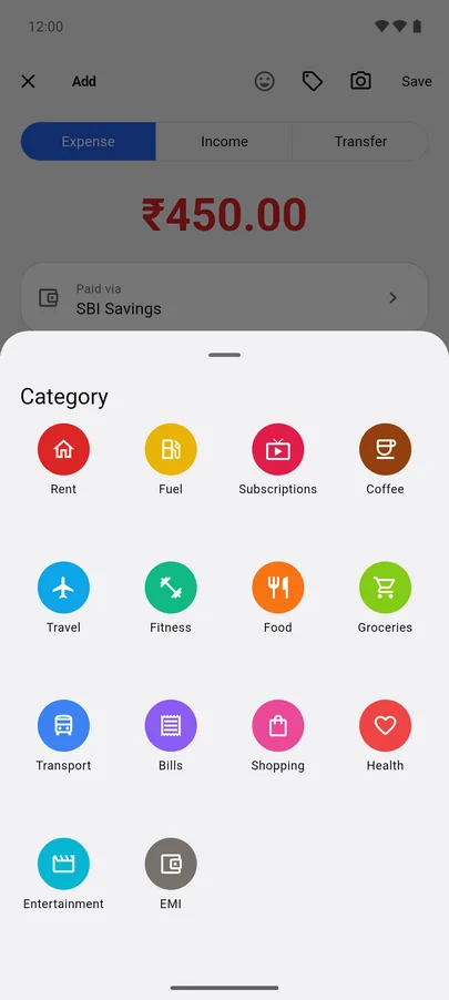 XPENC category picker with colourful icons for Rent, Fuel, Subscriptions, Coffee, Travel, Food, Groceries and more.