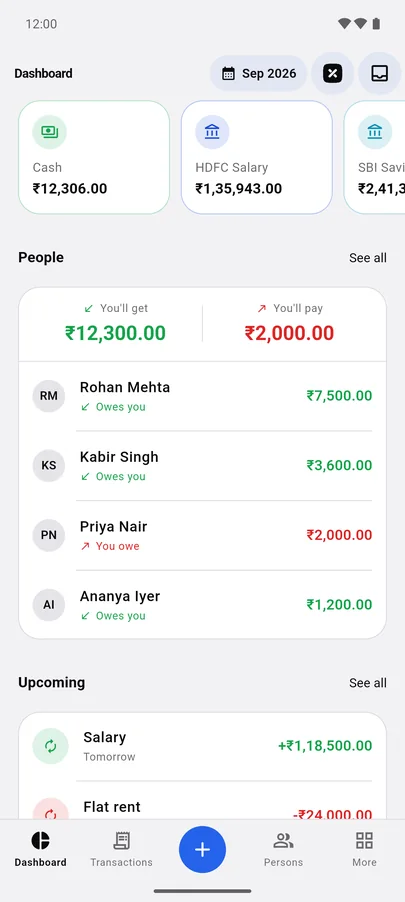 Lower half of the XPENC dashboard: people who owe you ₹12,300, what you owe, and upcoming salary and rent.