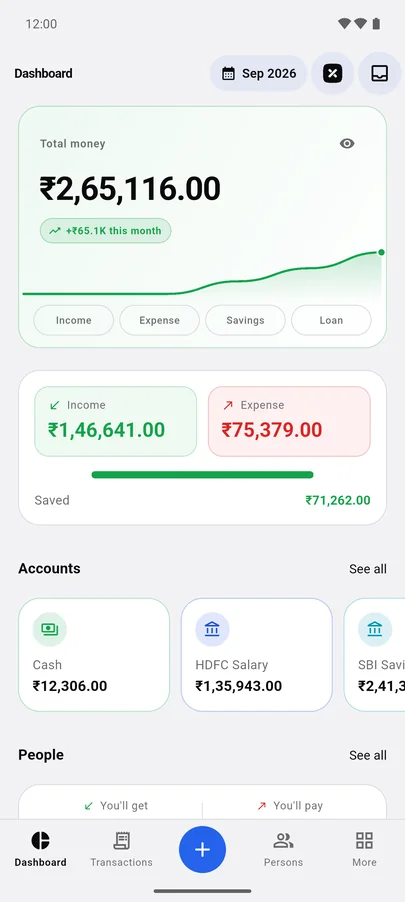 XPENC dashboard: total money ₹2,60,116, income and expense for September, and account cards for Cash, HDFC Salary and SBI Savings.