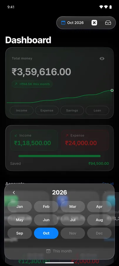 The tab bar turned into a month picker for 2026, with October selected, over a frosted dashboard.