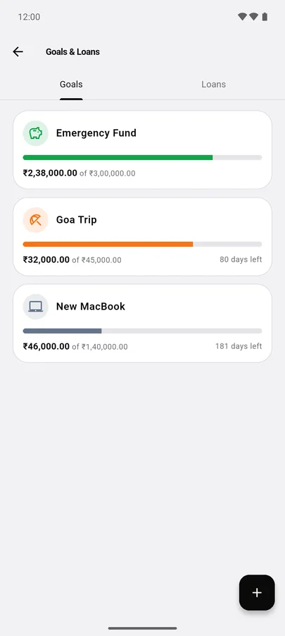 XPENC goals: Emergency Fund ₹2,38,000 of ₹3,00,000, Goa Trip ₹32,000 of ₹45,000 with 80 days left, New MacBook ₹46,000 of ₹1,40,000.
