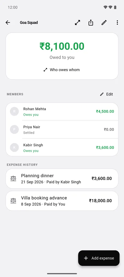 A group called Goa Squad: ₹8,100 owed to you, members' balances and the expense history with a villa booking and a planning dinner.