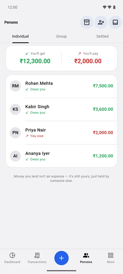 XPENC persons list: you'll get ₹12,300 and you'll pay ₹2,000, with each person's balance.