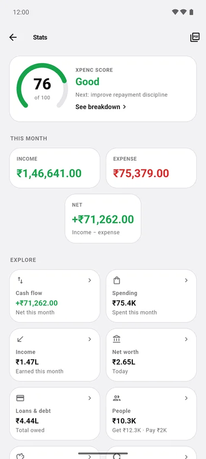 XPENC stats hub showing an XPENC Score of 76, Good, with this month's income, expense and net.