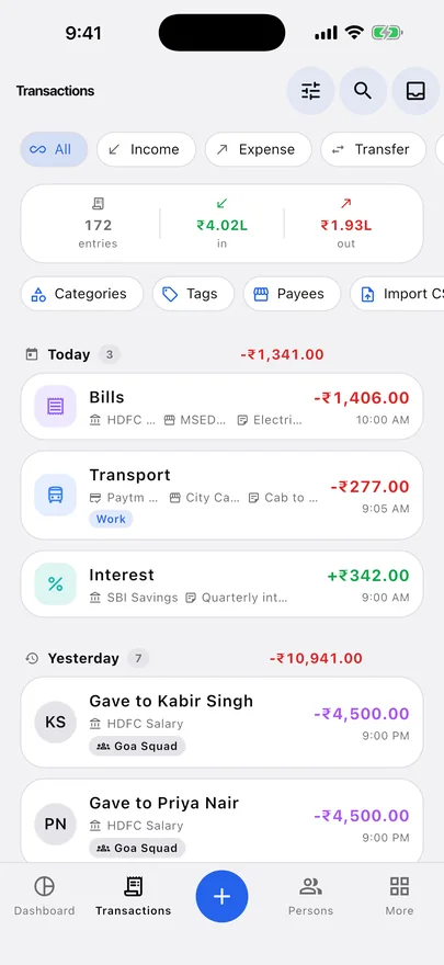 XPENC transactions on iPhone: filter chips, 172 entries with money in and out, and today's transactions grouped by day.