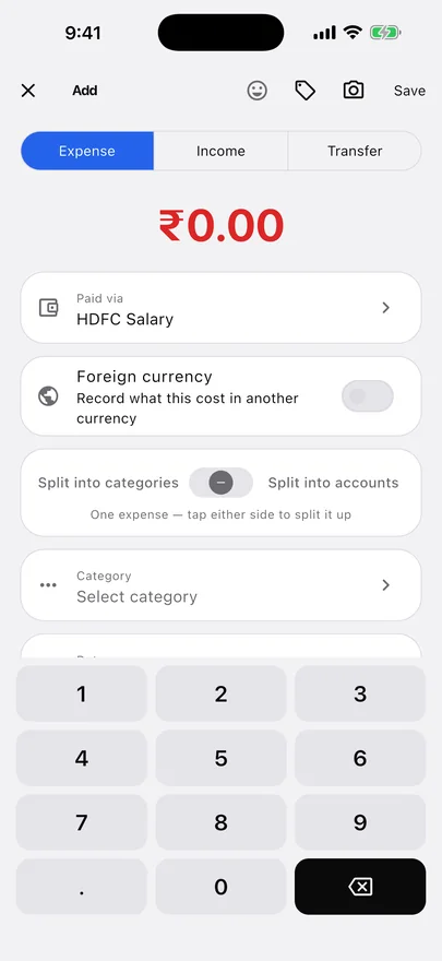 XPENC add-expense screen on iPhone with the account, category, split options and a large numpad.