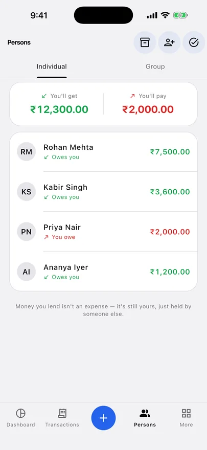 XPENC persons on iPhone: you'll get ₹12,300 and you'll pay ₹2,000, with each person's balance.