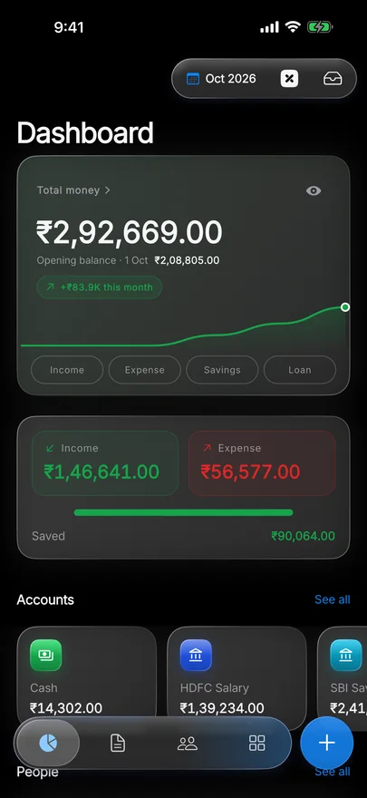 XPENC dashboard on iPhone in the Glass theme: total money ₹2,92,669, this month's income and expense, account cards and a floating glass tab bar.