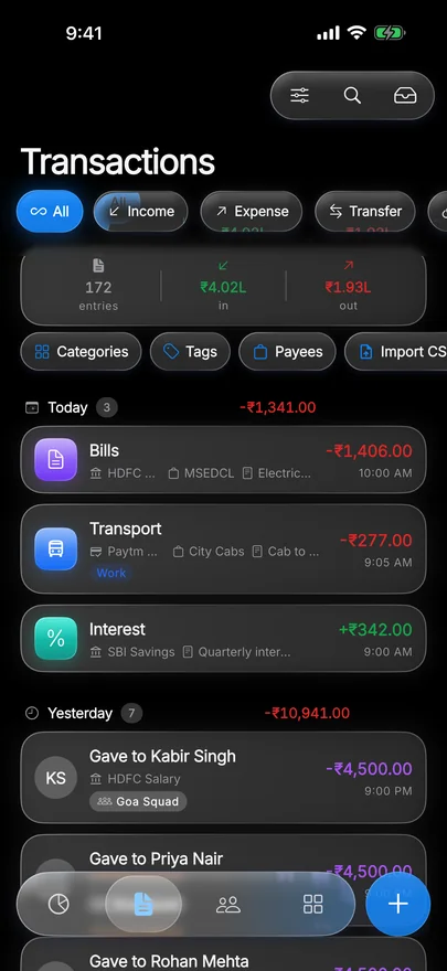 XPENC transactions on iPhone in the Glass theme, with glass filter chips and an icons-only floating tab bar.